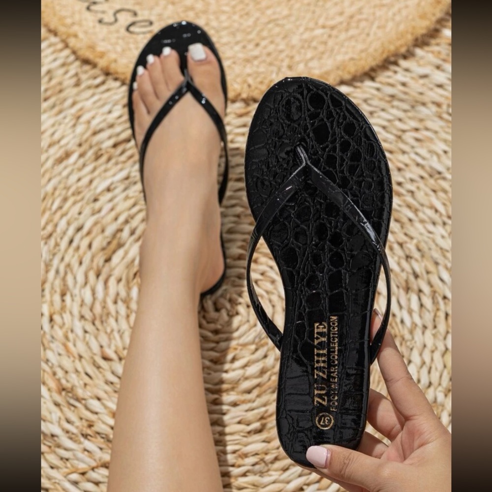 Black Crocodile Embossed Flip Flops